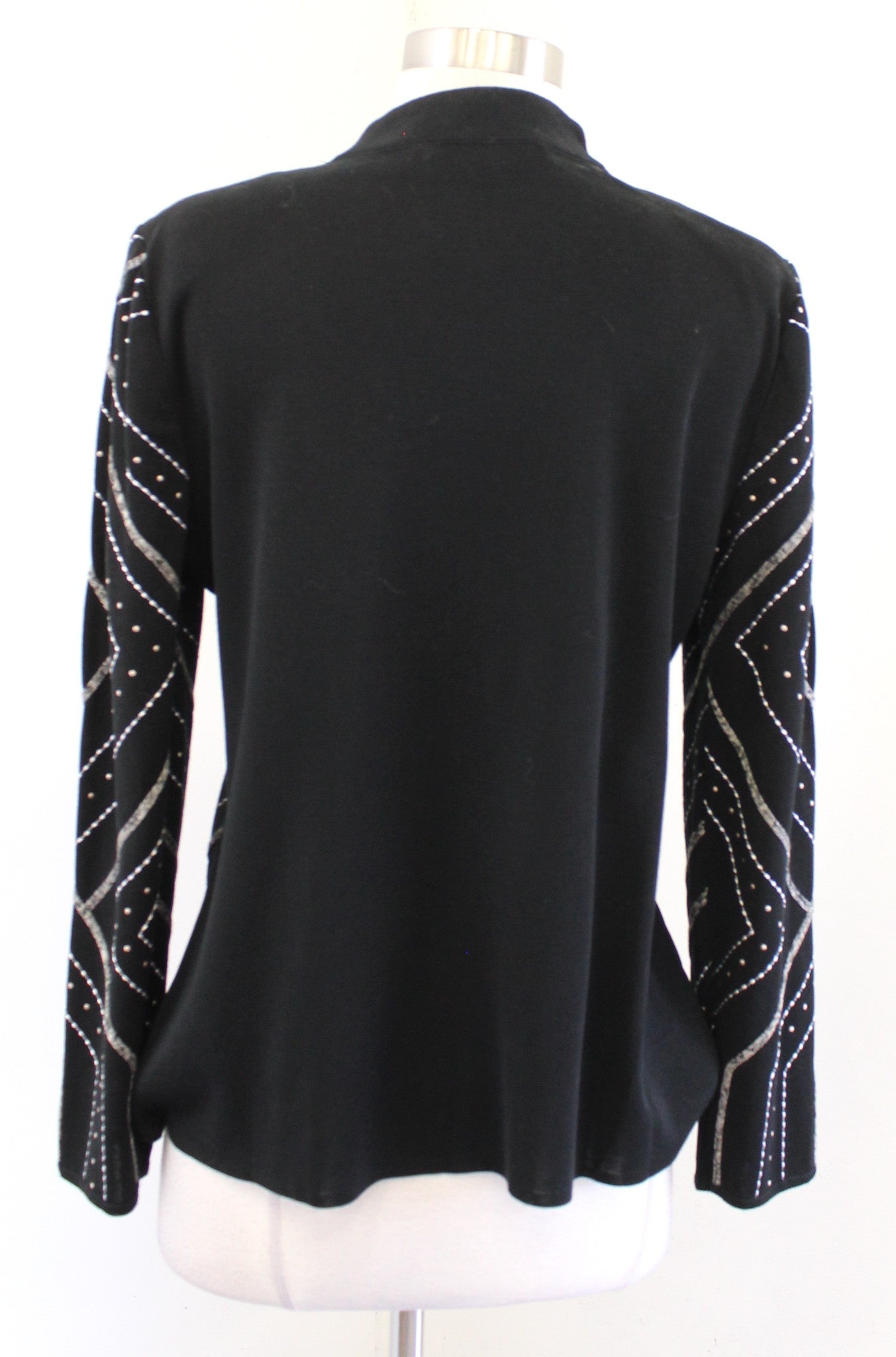 Ming Wang Black Embroidered Studded Embellished Zip Front Knit Jacket Size S
