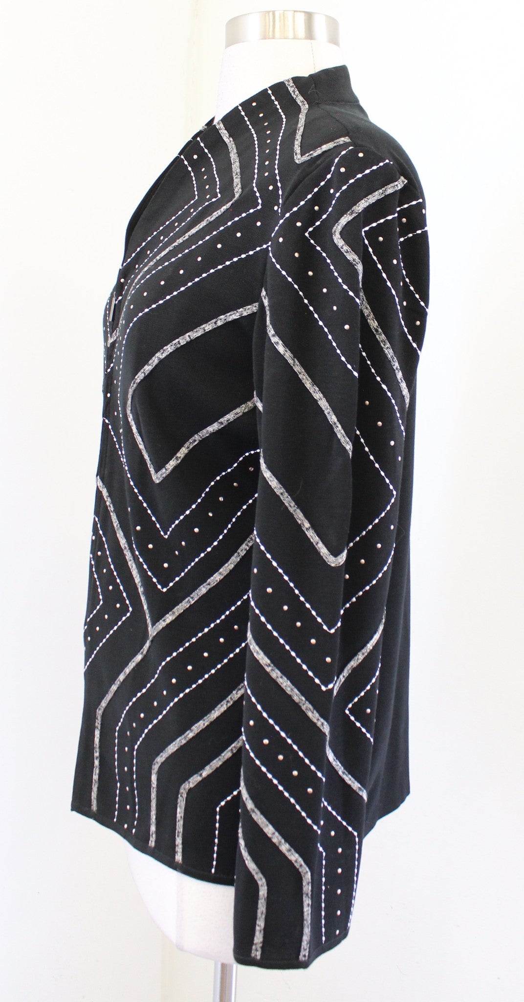 Ming Wang Black Embroidered Studded Embellished Zip Front Knit Jacket Size S