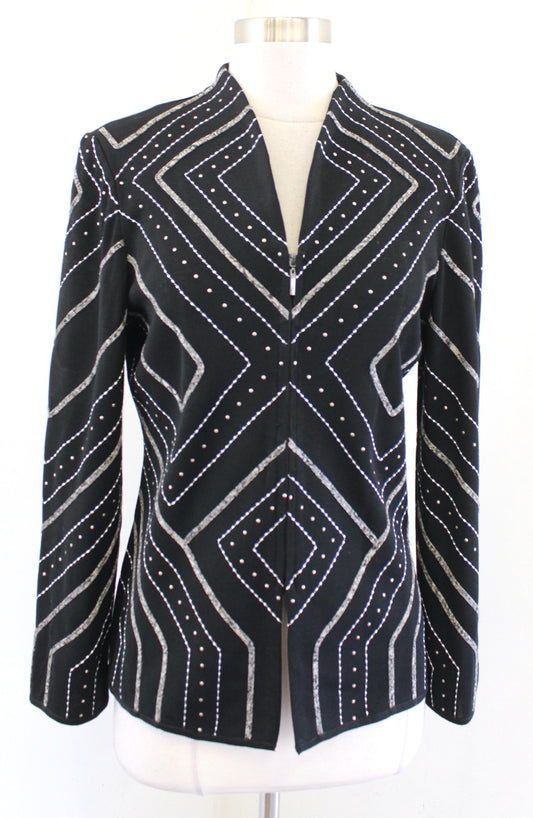 Ming Wang Black Embroidered Studded Embellished Zip Front Knit Jacket Size S