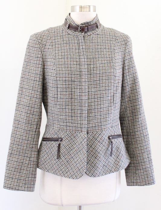 Talbots Plaid Wool Blend Zip Front Buckle Collar Peplum Blazer Jacket Size 10P