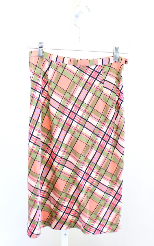 Diane Von Furstenberg Silk Plaid Printed Slip Style Skirt Sz 4 Peach Pink Green