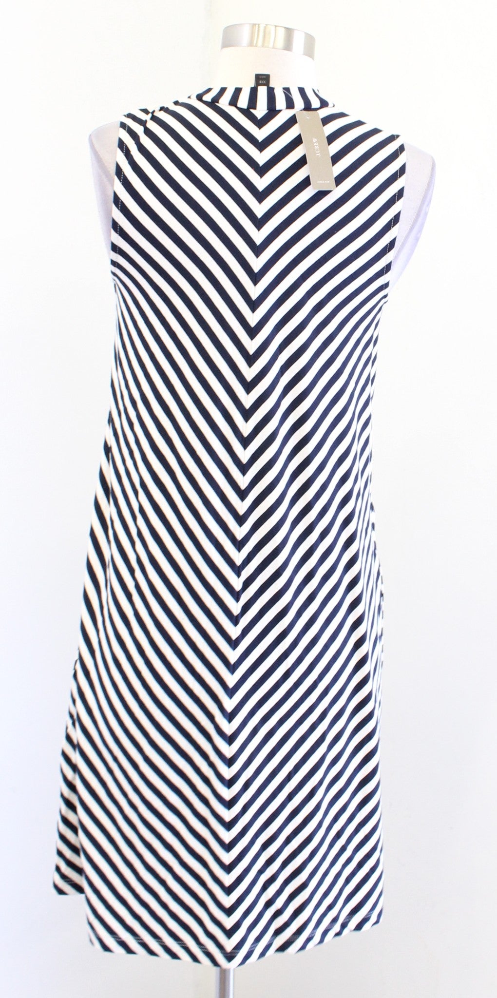 NWT J Crew Navy Blue Chevron Striped Mock Neck Casual Swing Tank Dress XXS 2XS