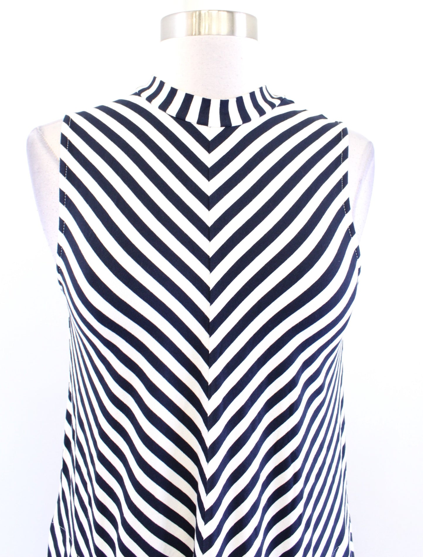 NWT J Crew Navy Blue Chevron Striped Mock Neck Casual Swing Tank Dress XXS 2XS