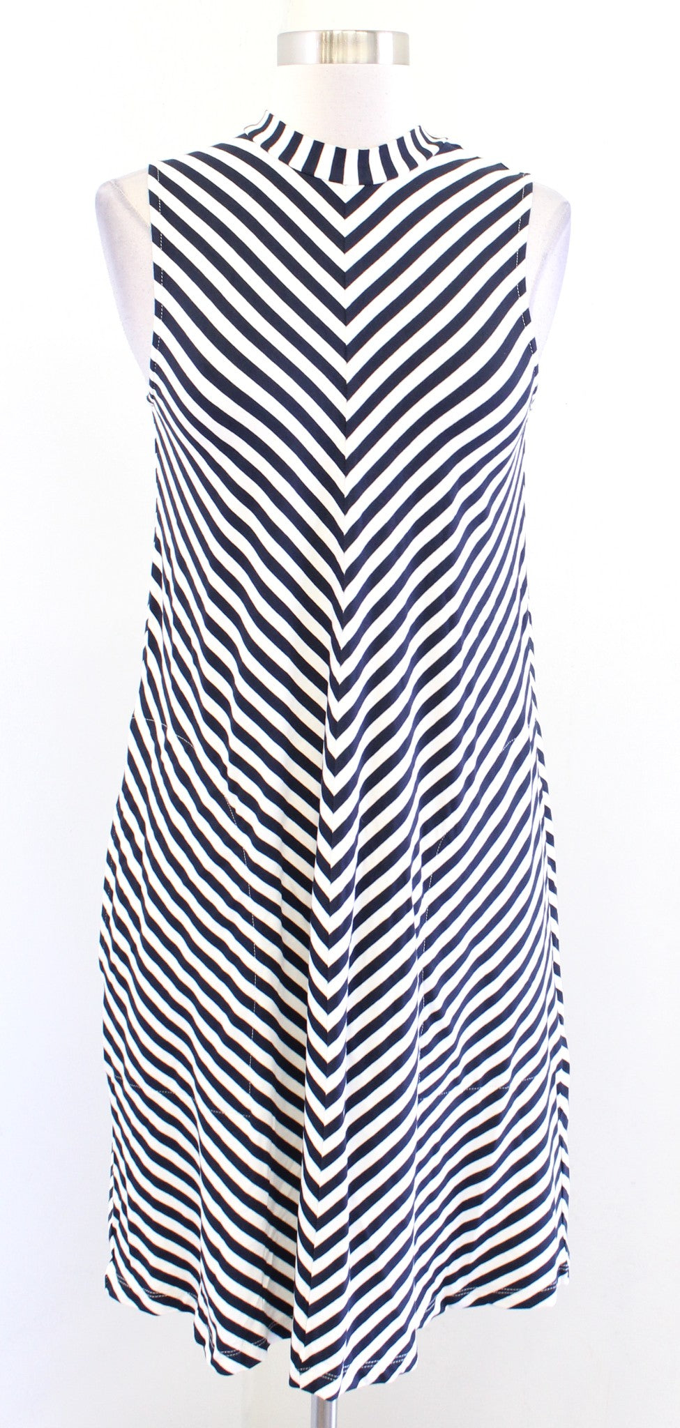 NWT J Crew Navy Blue Chevron Striped Mock Neck Casual Swing Tank Dress XXS 2XS