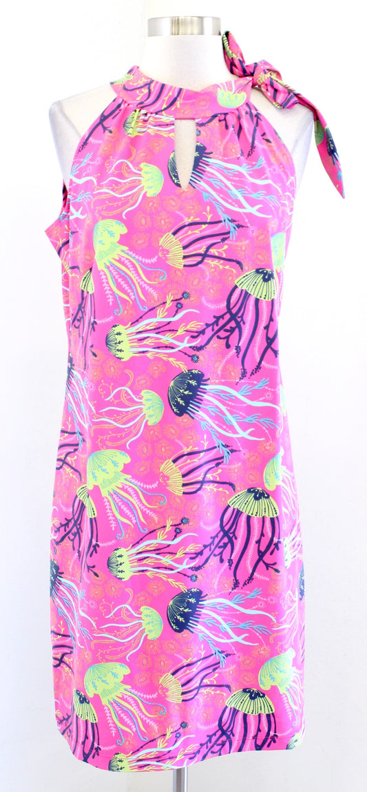 Katherine Way Hot Pink Jellyfish Print Tie Neck Halter Dress Size L Summer Green