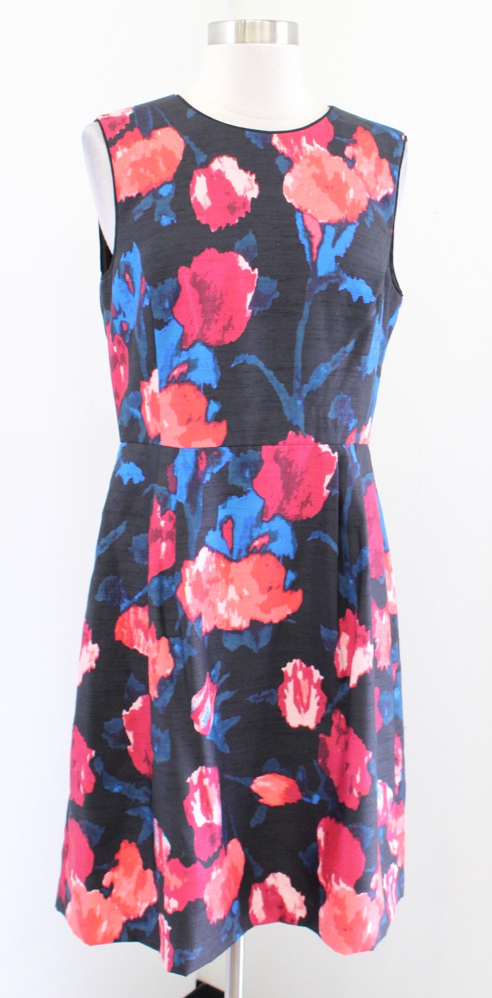 Ivanka Trump Black Floral Print Textured A Line Flare Dress Size 8 Blue Red