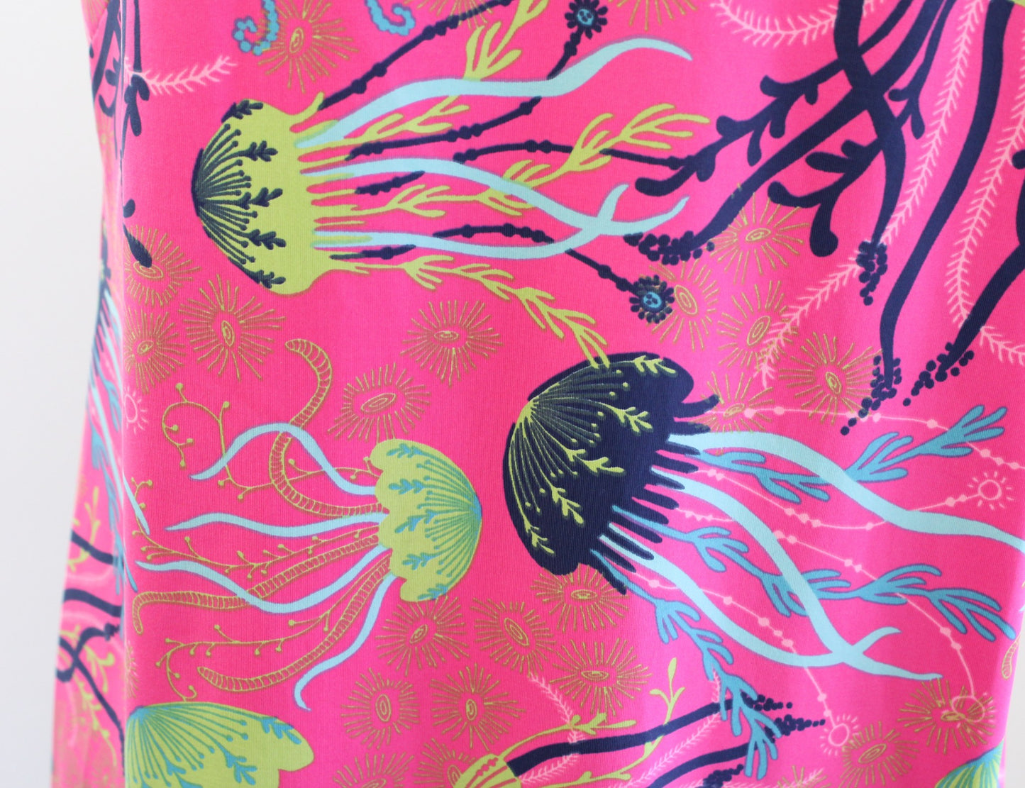 Katherine Way Hot Pink Jellyfish Print Tie Neck Halter Dress Size L Summer Green