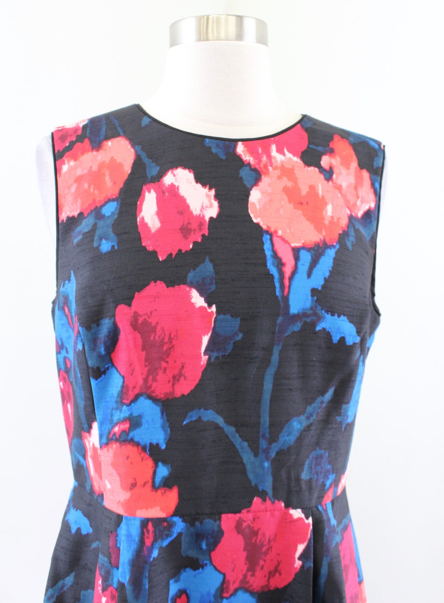 Ivanka Trump Black Floral Print Textured A Line Flare Dress Size 8 Blue Red