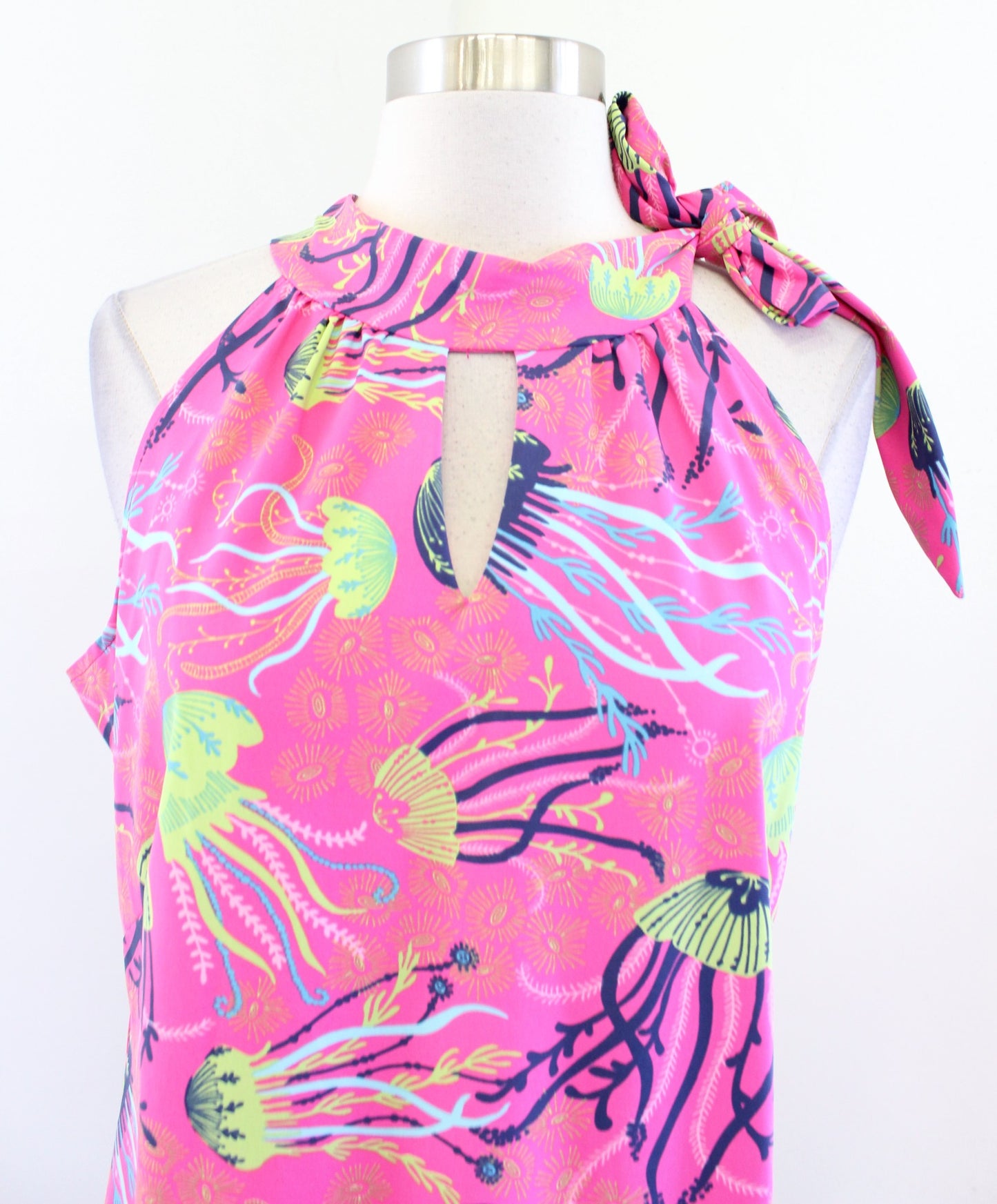 Katherine Way Hot Pink Jellyfish Print Tie Neck Halter Dress Size L Summer Green