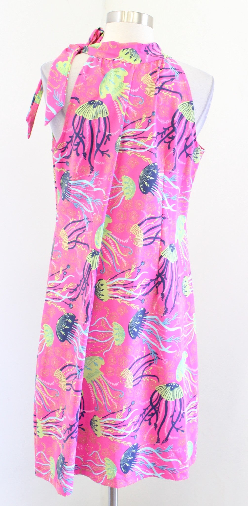 Katherine Way Hot Pink Jellyfish Print Tie Neck Halter Dress Size L Summer Green