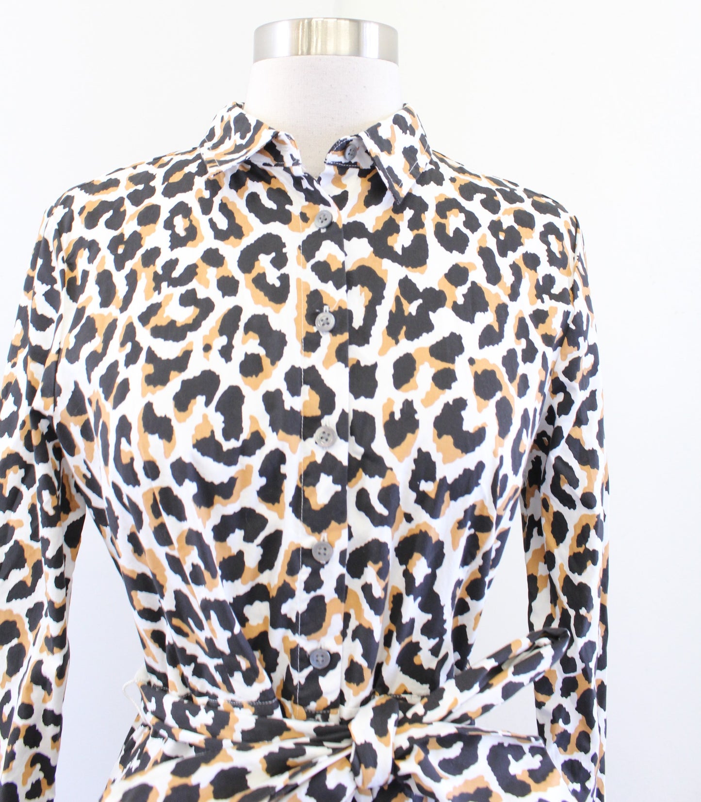 J Crew Factory Womens Leopard Print Tie Waist Cotton Poplin Shirt Dress Size 4