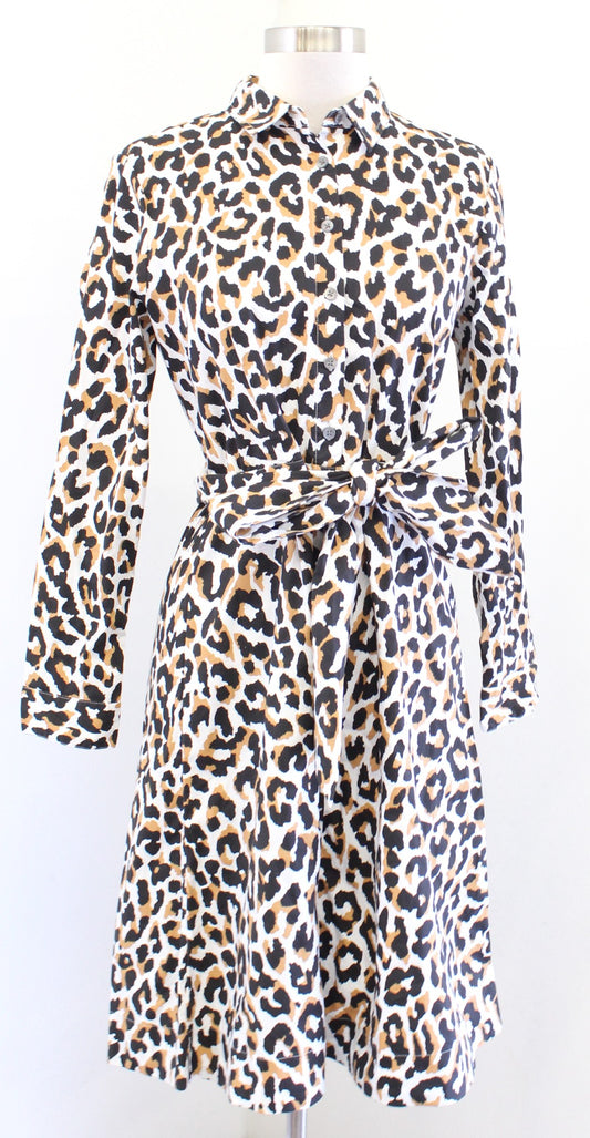 J Crew Factory Womens Leopard Print Tie Waist Cotton Poplin Shirt Dress Size 4