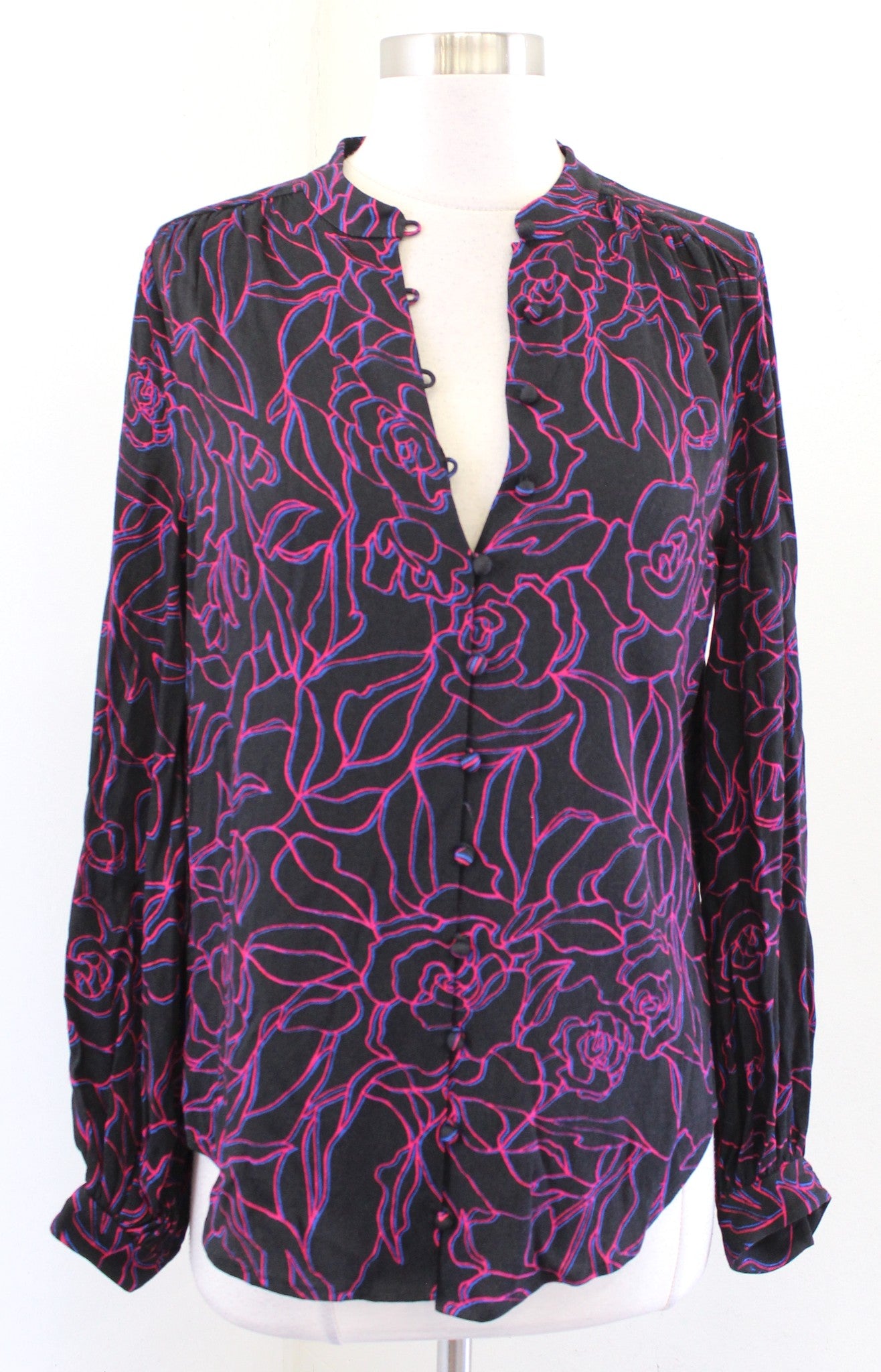 Equipment Cornelia Mandarin Collar Button Front Floral Shirt Blouse Black Sz XS