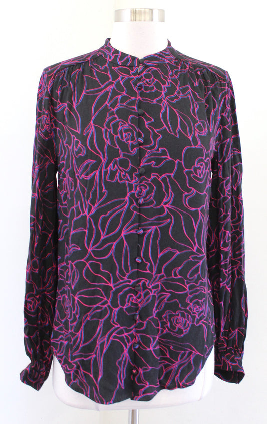 Equipment Cornelia Mandarin Collar Button Front Floral Shirt Blouse Black Sz XS