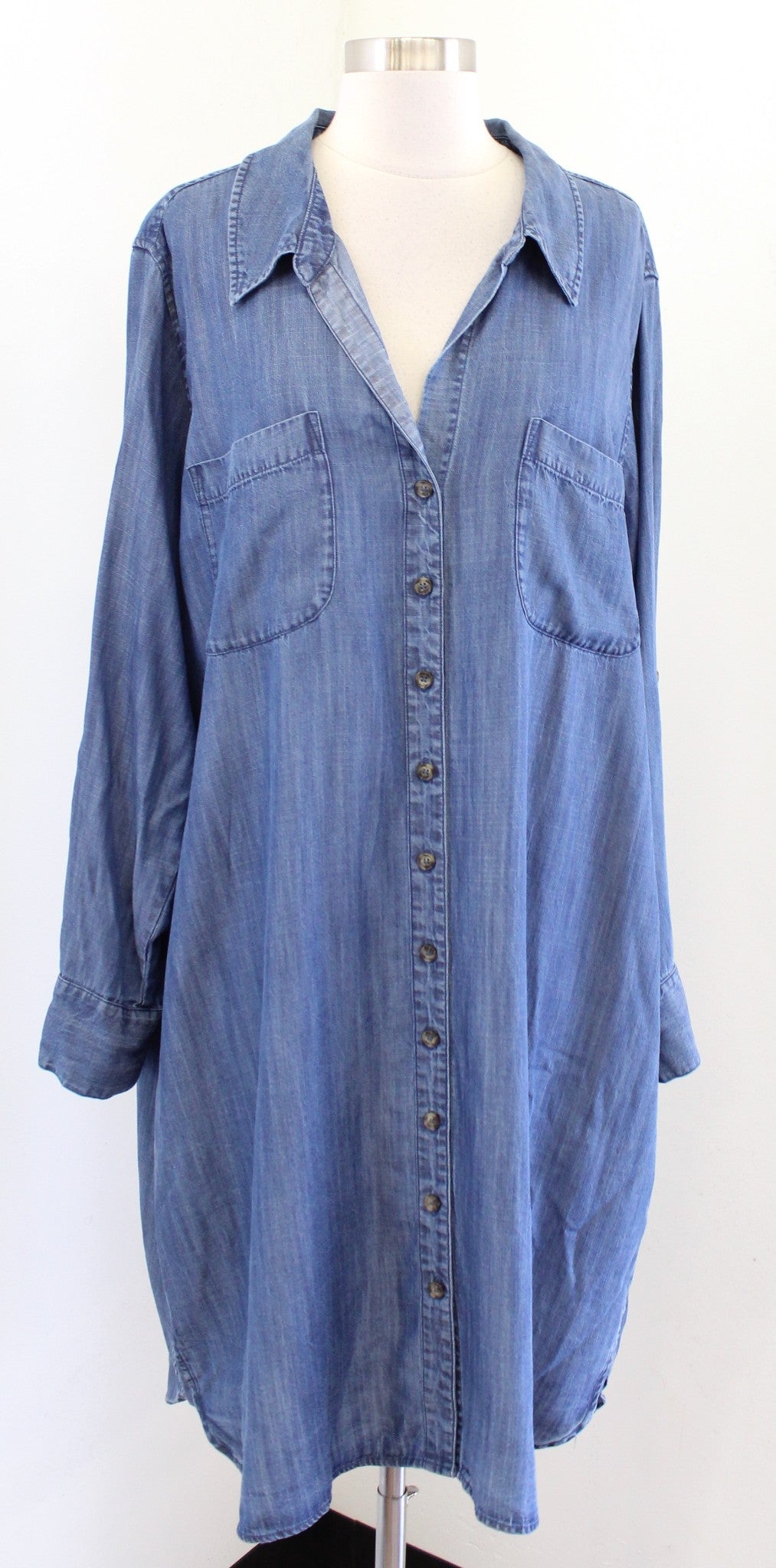 Soft Surroundings Chambray Button Front V Neck Tie Waist Shirt Dress Size 2X