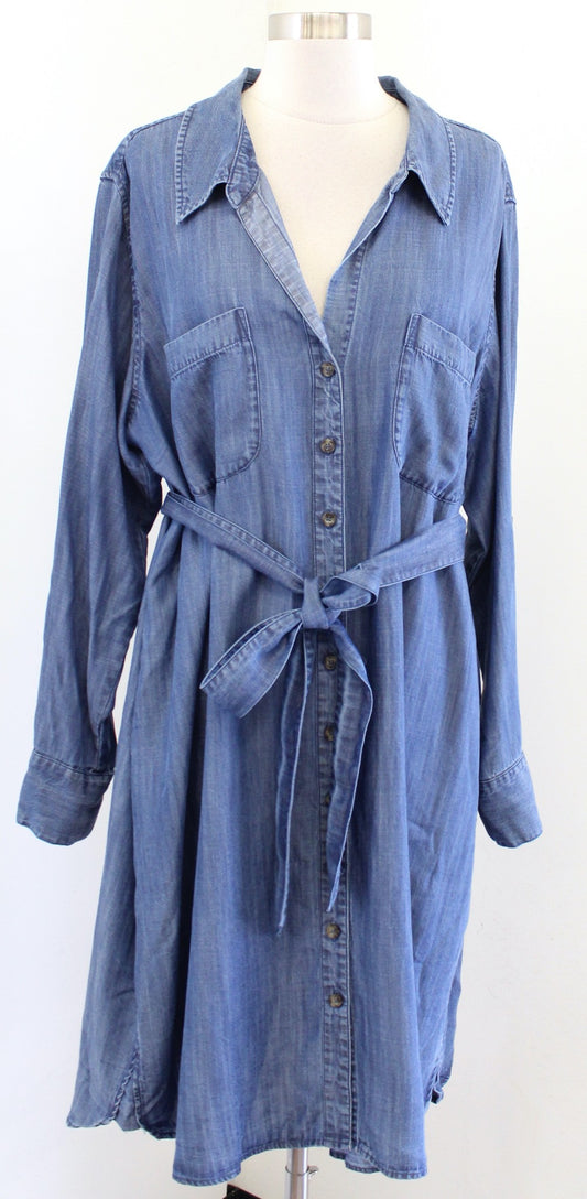 Soft Surroundings Chambray Button Front V Neck Tie Waist Shirt Dress Size 2X