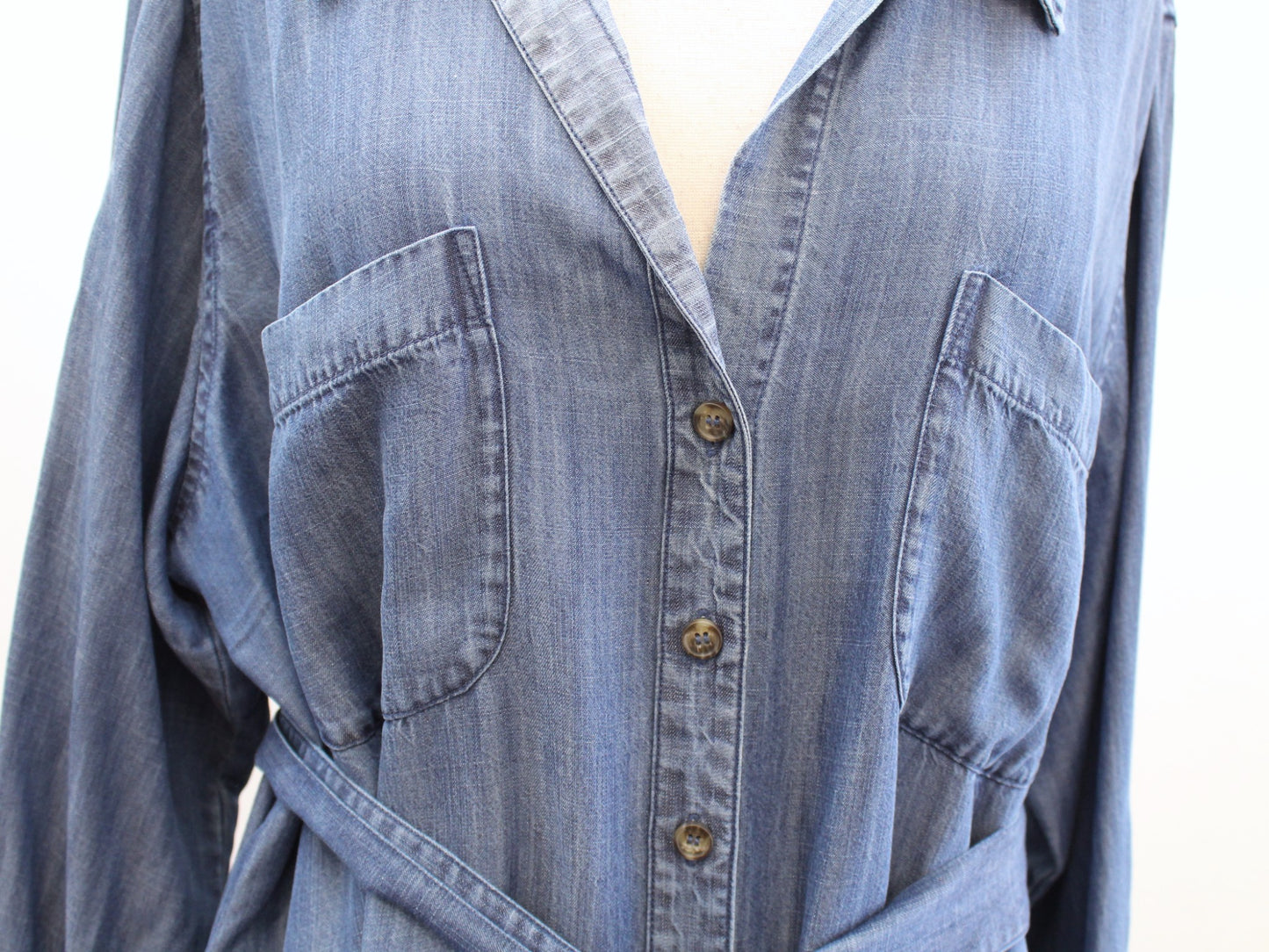 Soft Surroundings Chambray Button Front V Neck Tie Waist Shirt Dress Size 2X