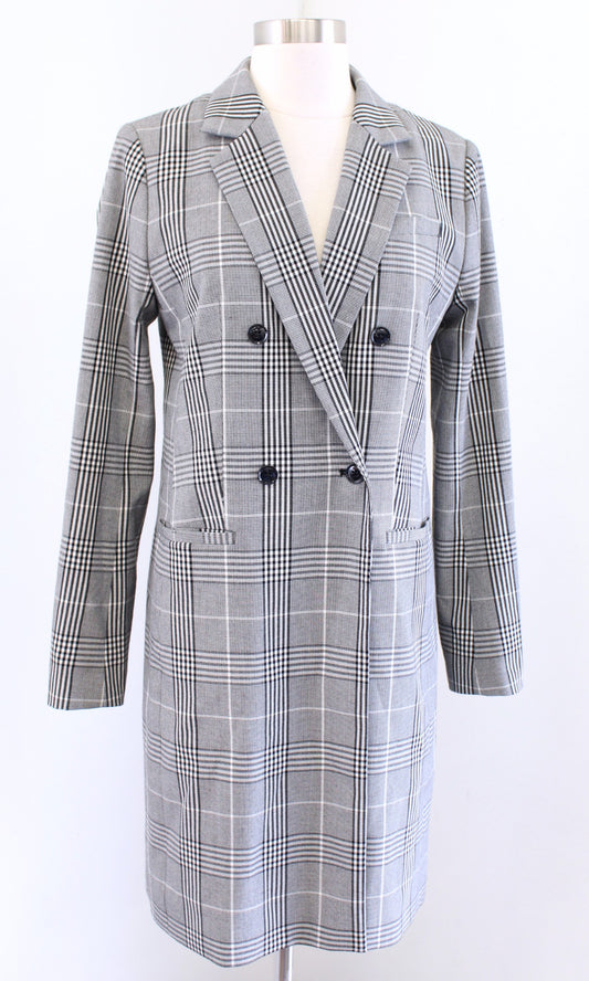 Banana Republic Gray Black White Plaid Double Breasted Topper Jacket Long Size 4