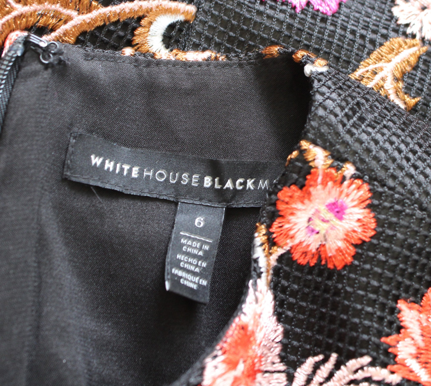 White House Black Market Black Mesh Floral Embroidered Sheath Dress Size 6