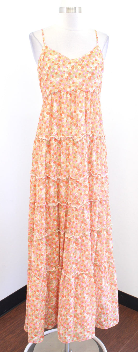 NWT $288 Julie Brown Davie Daisy Floral Ruffle Tiered Maxi Dress Size M Orange