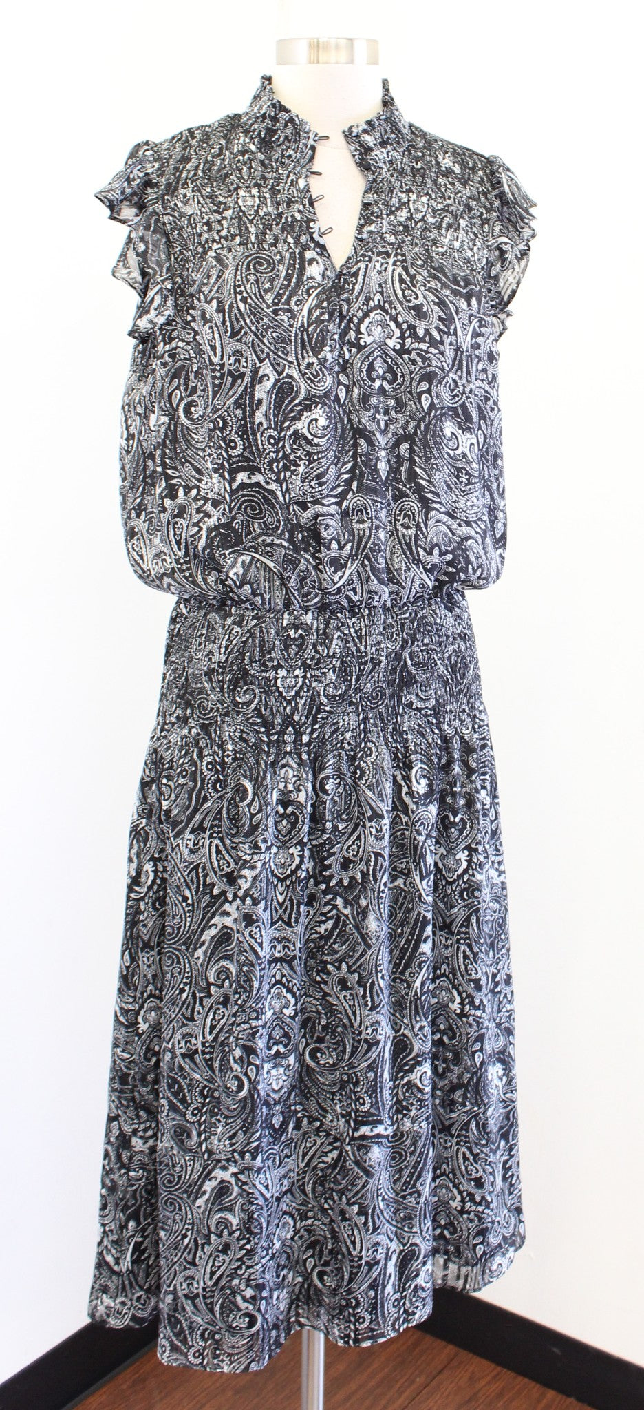 White House Black Market Metallic Paisley Print Ruffle Smocked Midi Dress Size M