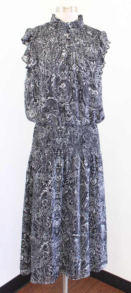 White House Black Market Metallic Paisley Print Ruffle Smocked Midi Dress Size M