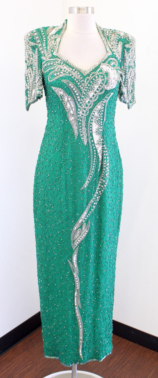 Vtg 80s Alyce Designs Green Silver Silk Beaded Sequin Dress Gown Size 12 / S ?