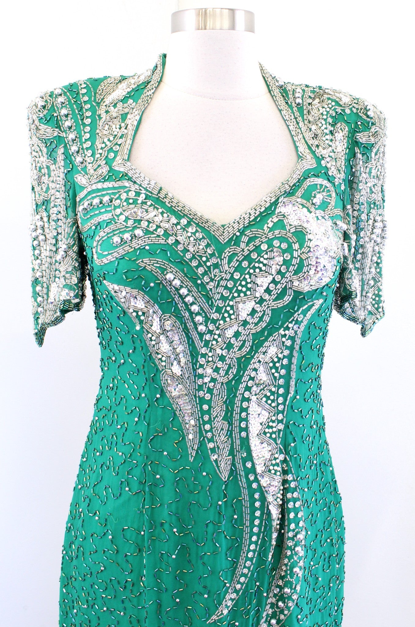 Vtg 80s Alyce Designs Green Silver Silk Beaded Sequin Dress Gown Size 12 / S ?