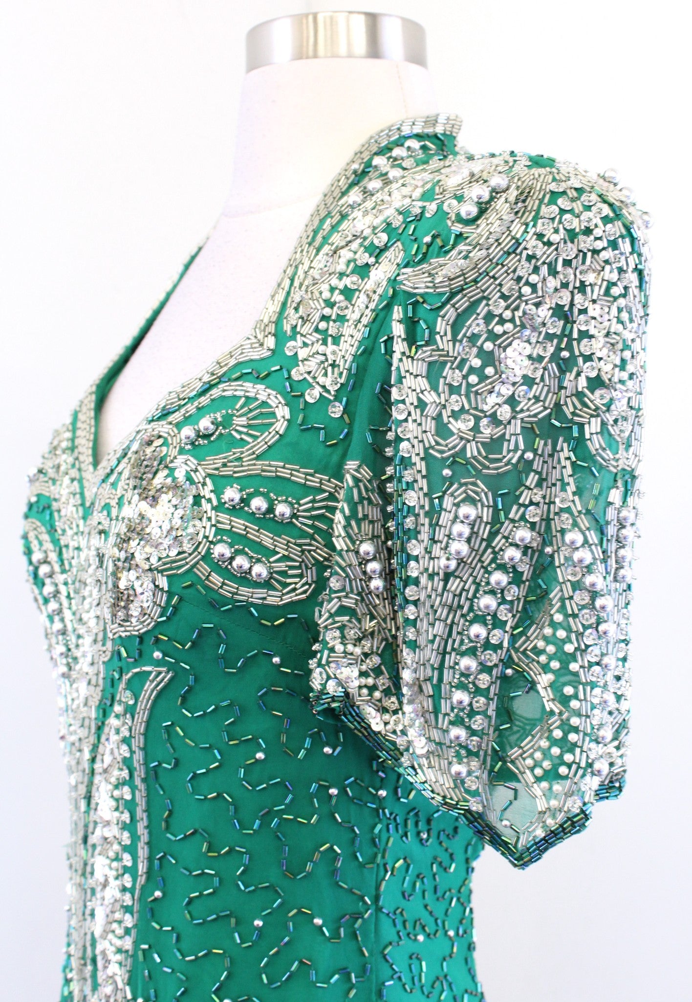 Vtg 80s Alyce Designs Green Silver Silk Beaded Sequin Dress Gown Size 12 / S ?