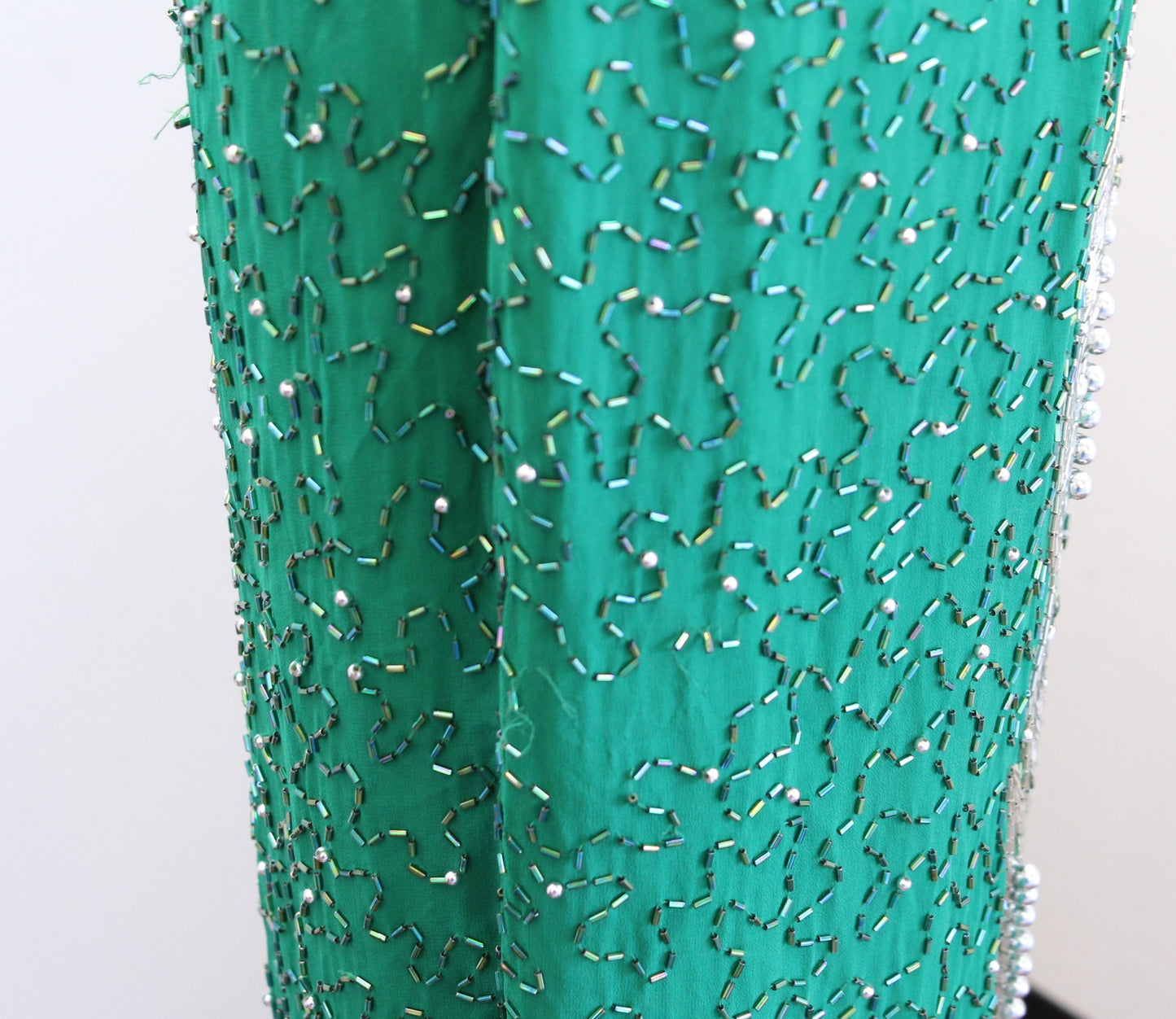 Vtg 80s Alyce Designs Green Silver Silk Beaded Sequin Dress Gown Size 12 / S ?