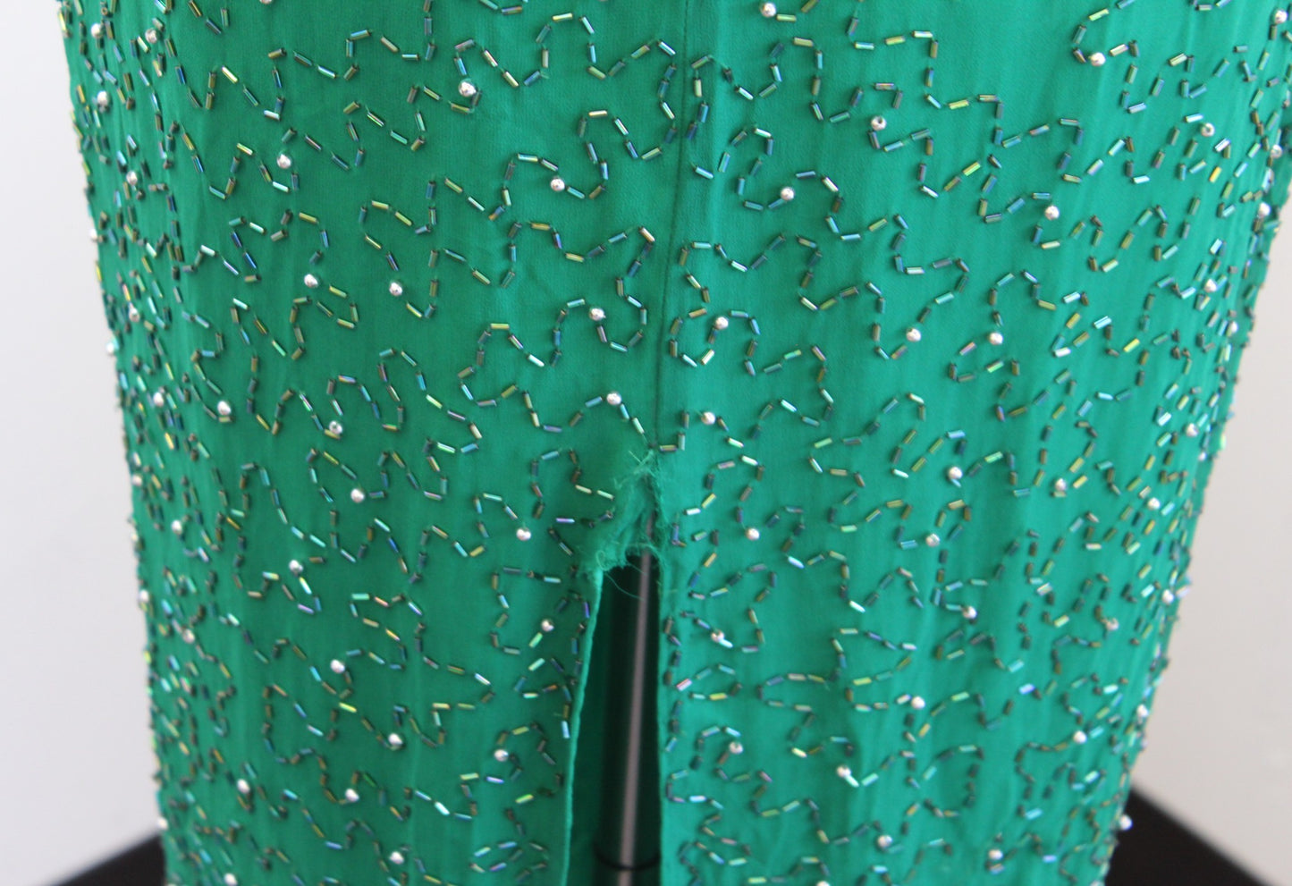 Vtg 80s Alyce Designs Green Silver Silk Beaded Sequin Dress Gown Size 12 / S ?