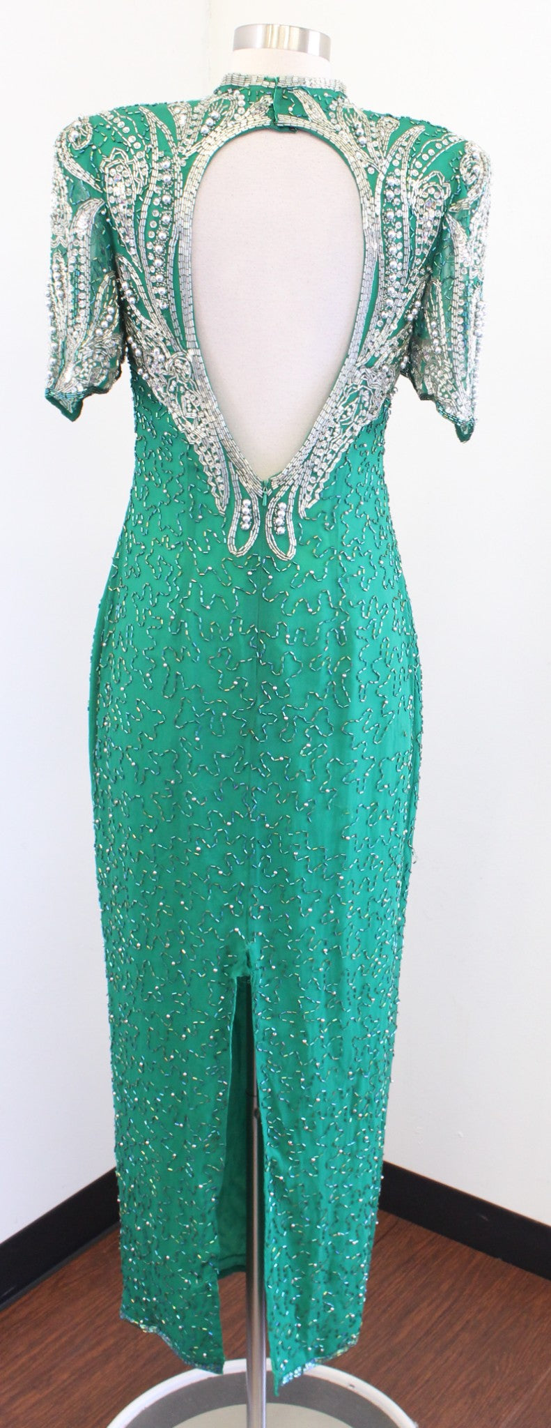 Vtg 80s Alyce Designs Green Silver Silk Beaded Sequin Dress Gown Size 12 / S ?