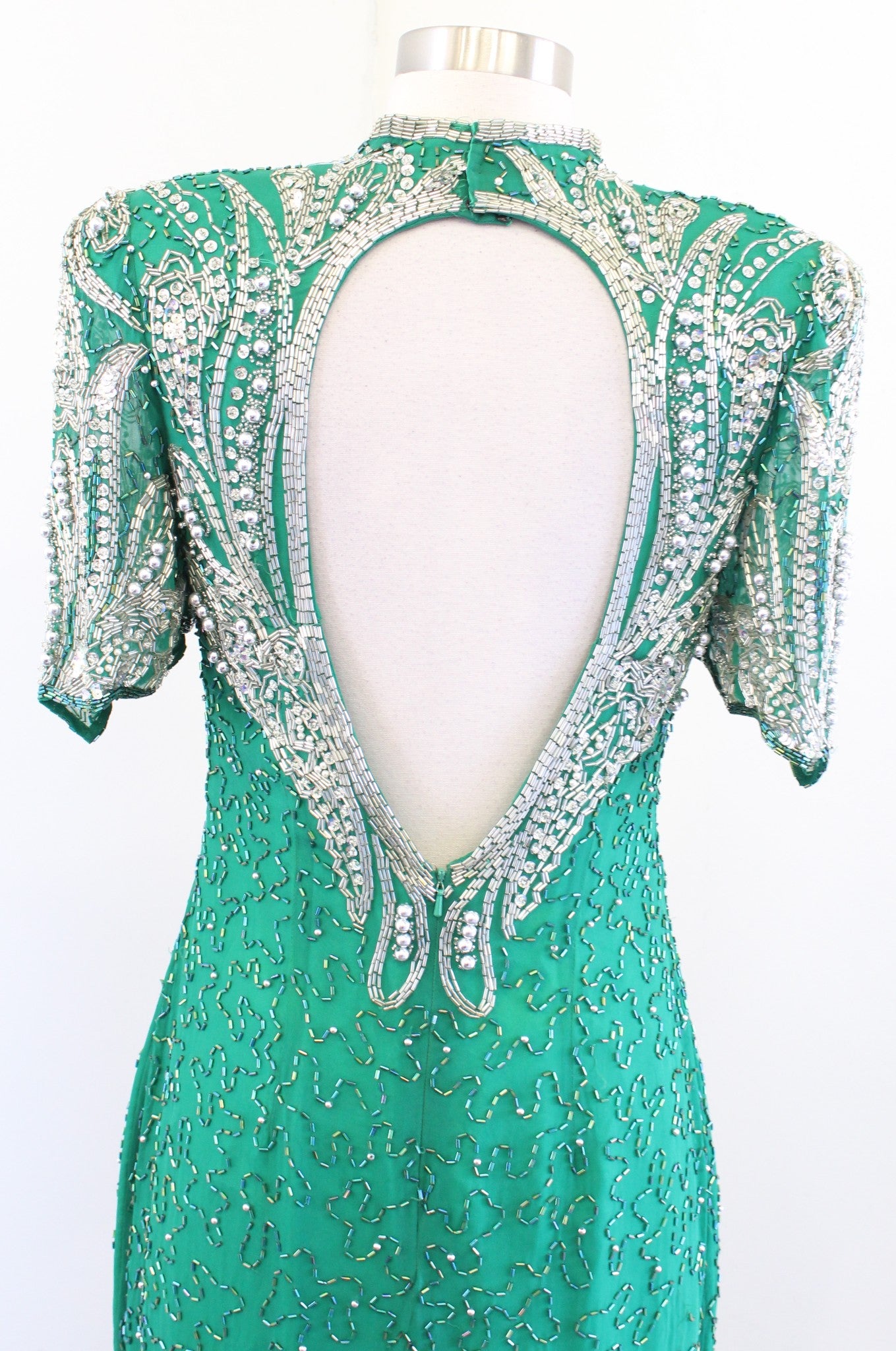 Vtg 80s Alyce Designs Green Silver Silk Beaded Sequin Dress Gown Size 12 / S ?