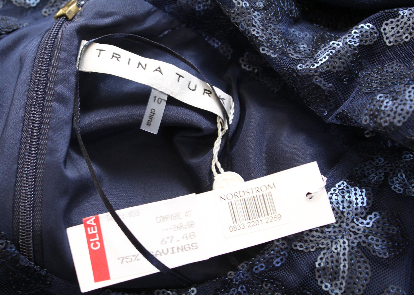 NWT Trina Turk Navy Blue Crepe Floral Sequin Mesh Lace Sheath Dress Size 10
