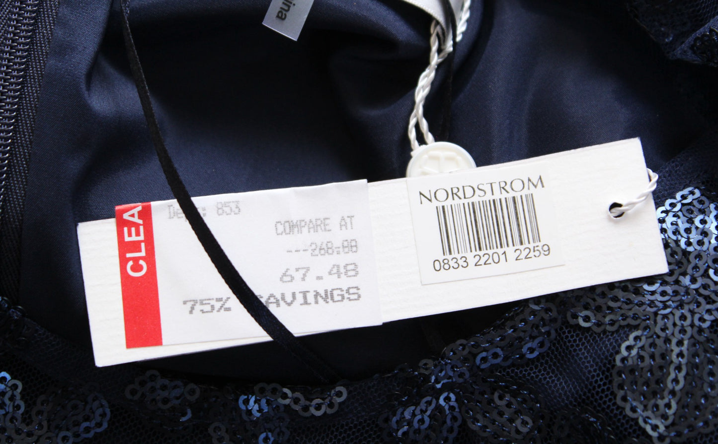 NWT Trina Turk Navy Blue Crepe Floral Sequin Mesh Lace Sheath Dress Size 10