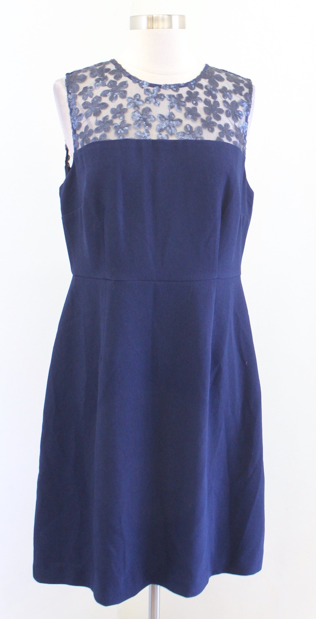 NWT Trina Turk Navy Blue Crepe Floral Sequin Mesh Lace Sheath Dress Size 10