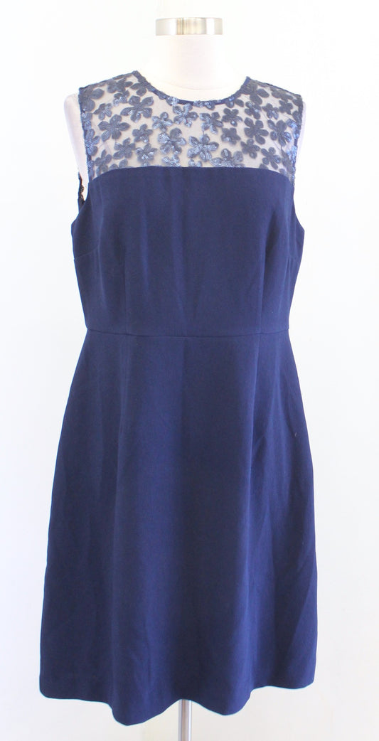 NWT Trina Turk Navy Blue Crepe Floral Sequin Mesh Lace Sheath Dress Size 10