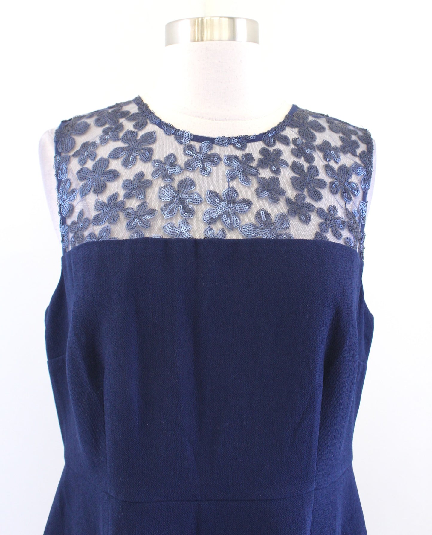 NWT Trina Turk Navy Blue Crepe Floral Sequin Mesh Lace Sheath Dress Size 10