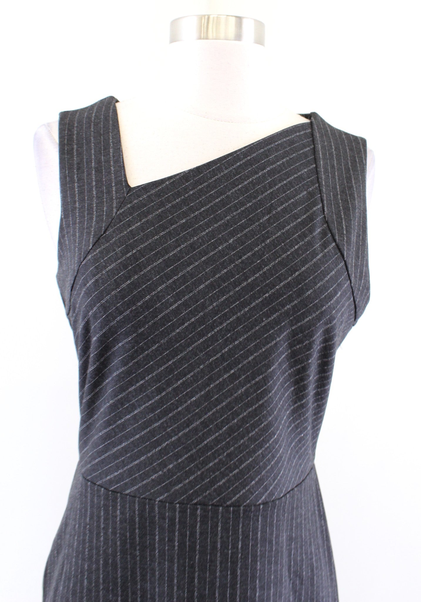 NWT Banana Republic Charcoal Gray Pinstripe Asymmetrical Neckline Sheath Dress 2