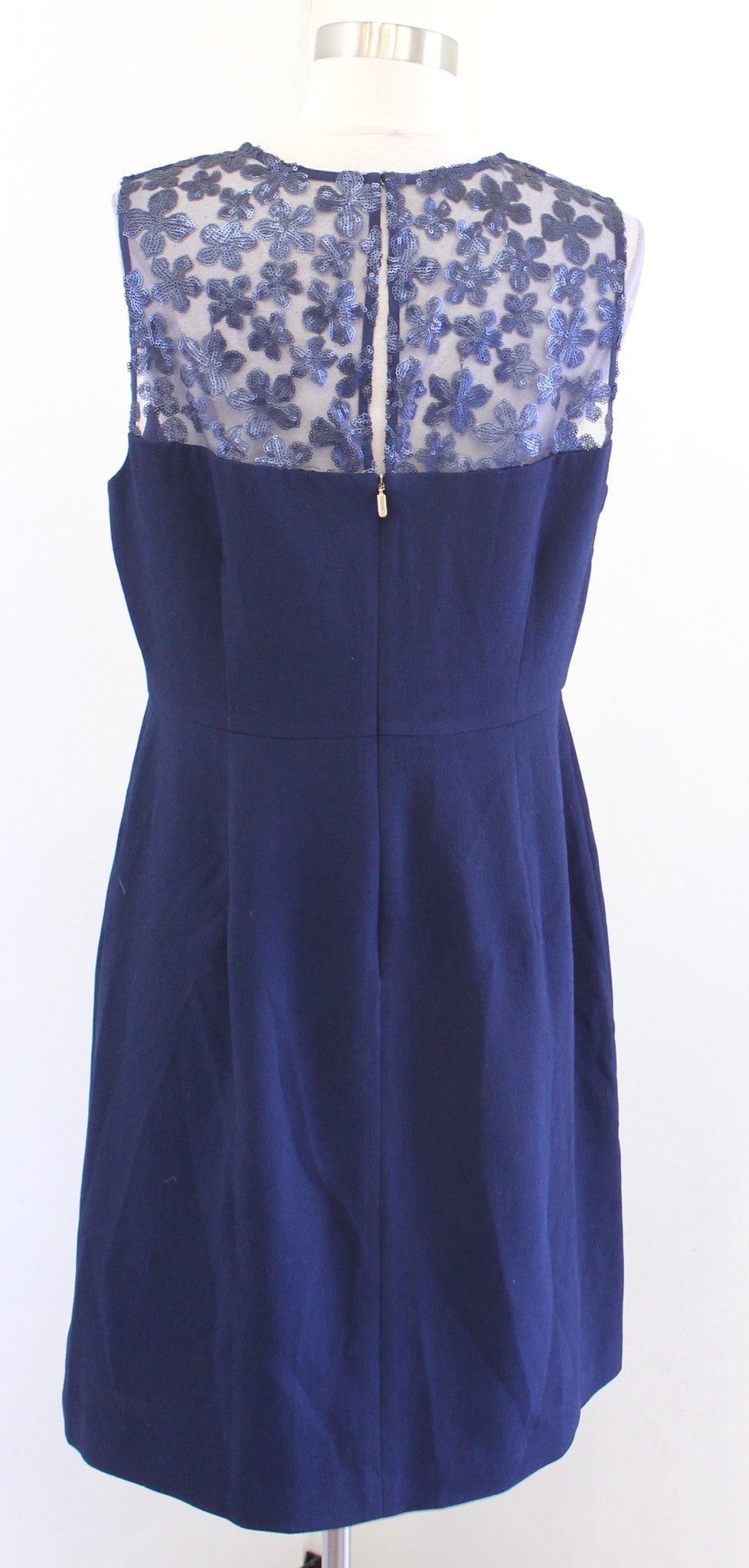 NWT Trina Turk Navy Blue Crepe Floral Sequin Mesh Lace Sheath Dress Size 10