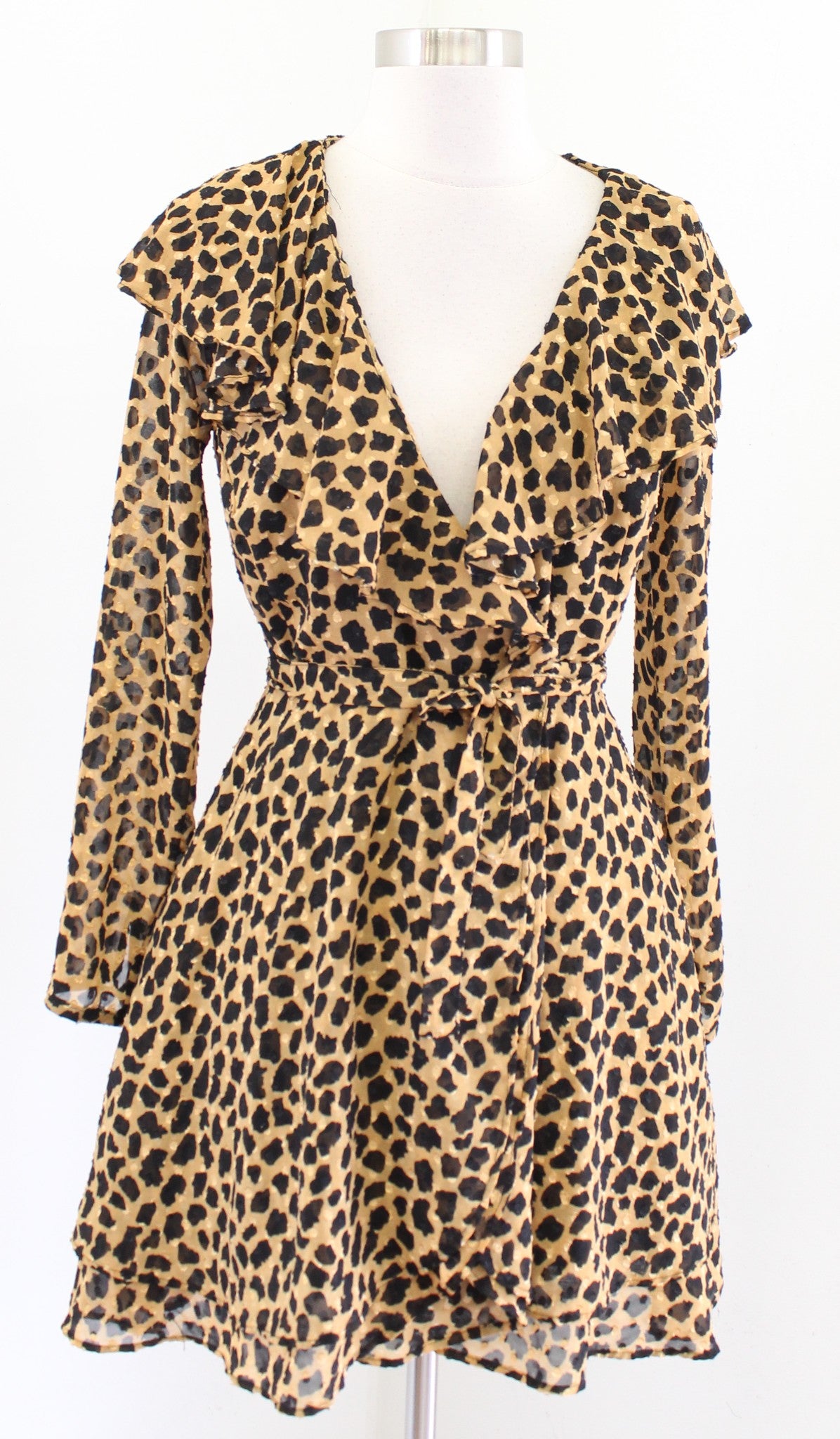 Free People Frenchie Leopard Animal Print Long Sleeve Mini Wrap Dress Size XS