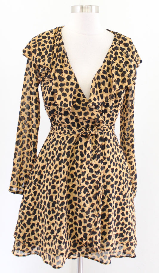 Free People Frenchie Leopard Animal Print Long Sleeve Mini Wrap Dress Size XS