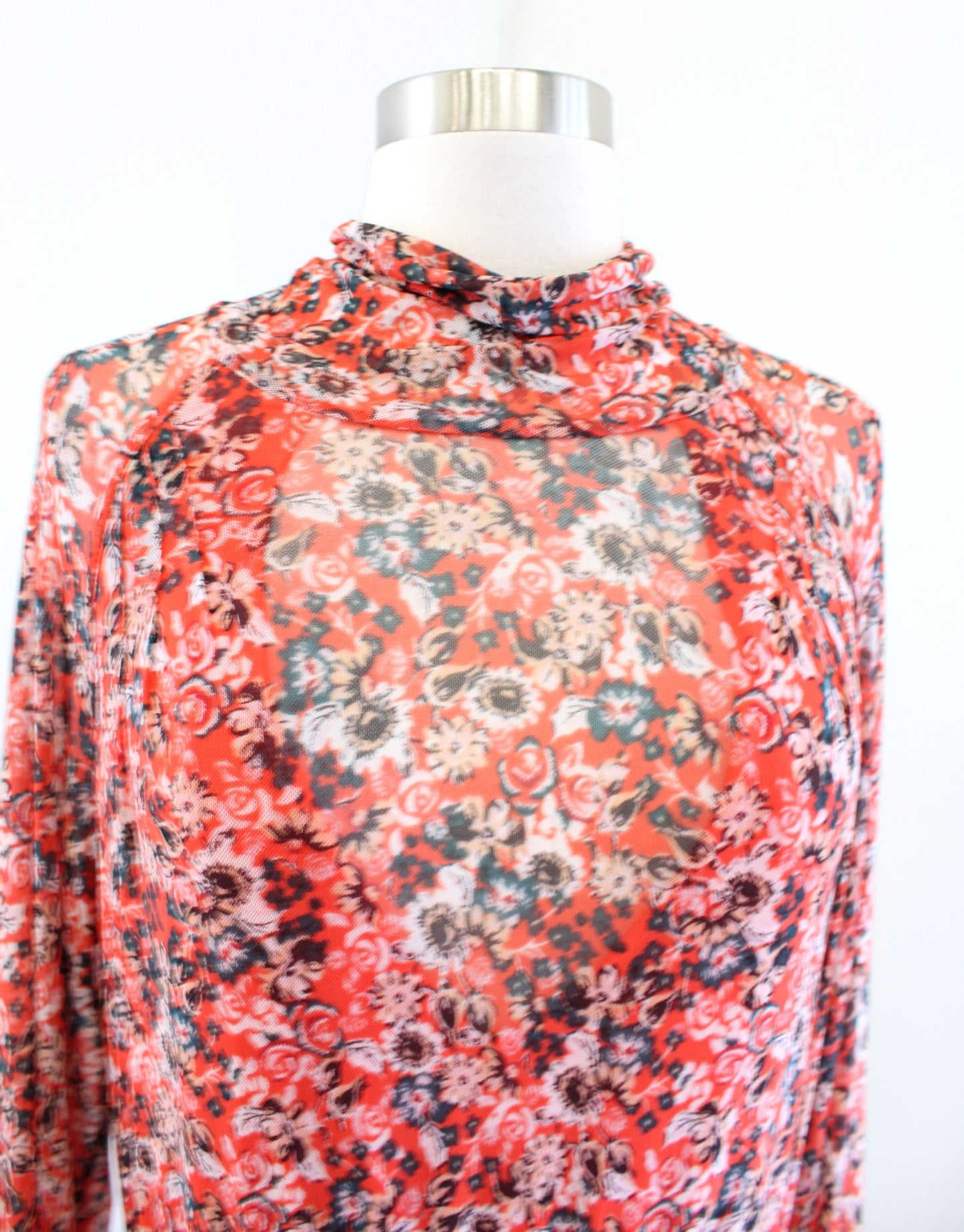 Free People All Dolled Up Mesh Floral Mock Neck Top Blouse Size S Open Back