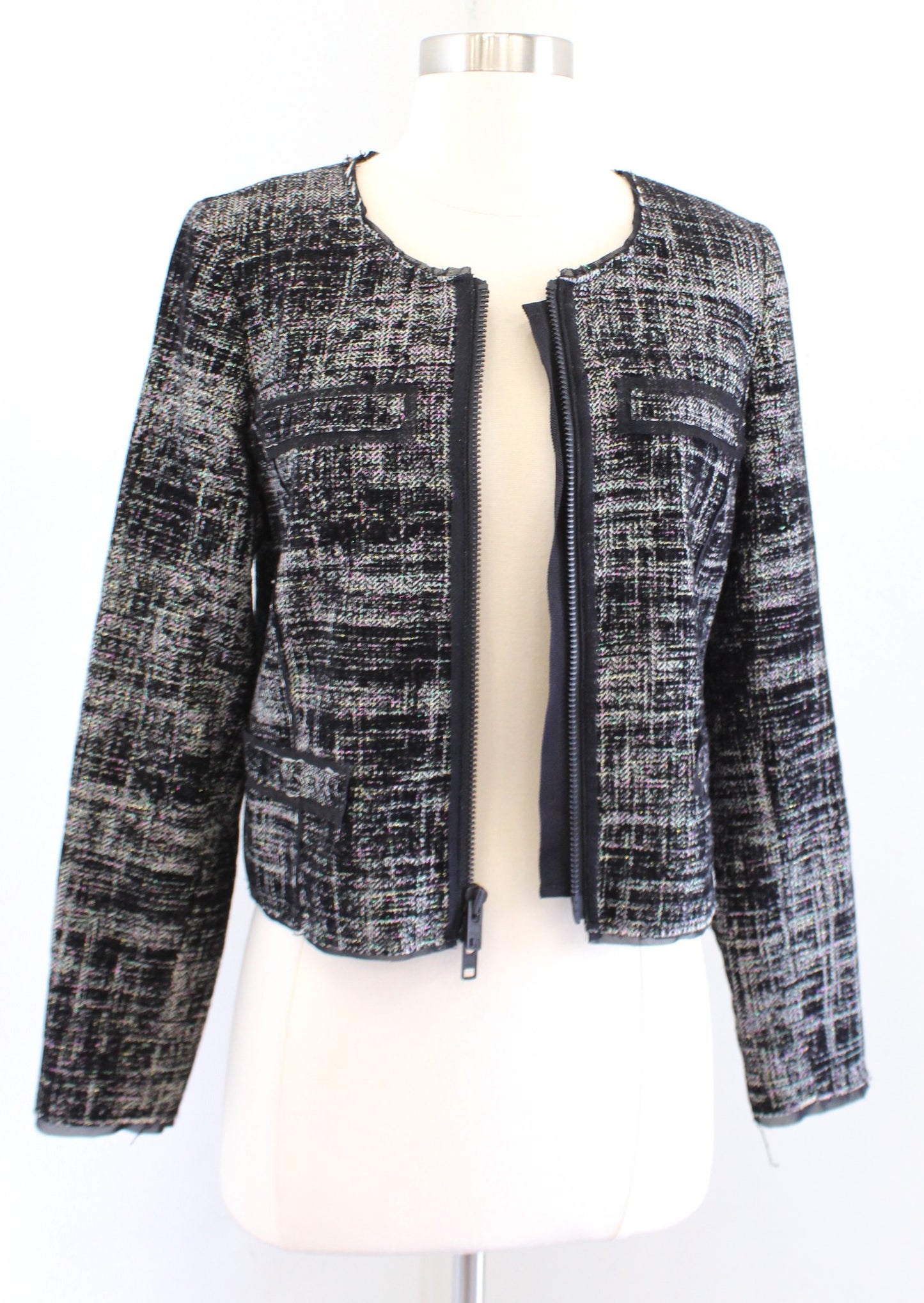 MILLY Black Multi Color Velvet Metallic Tweed Cropped Zip Blazer Jacket Size 8