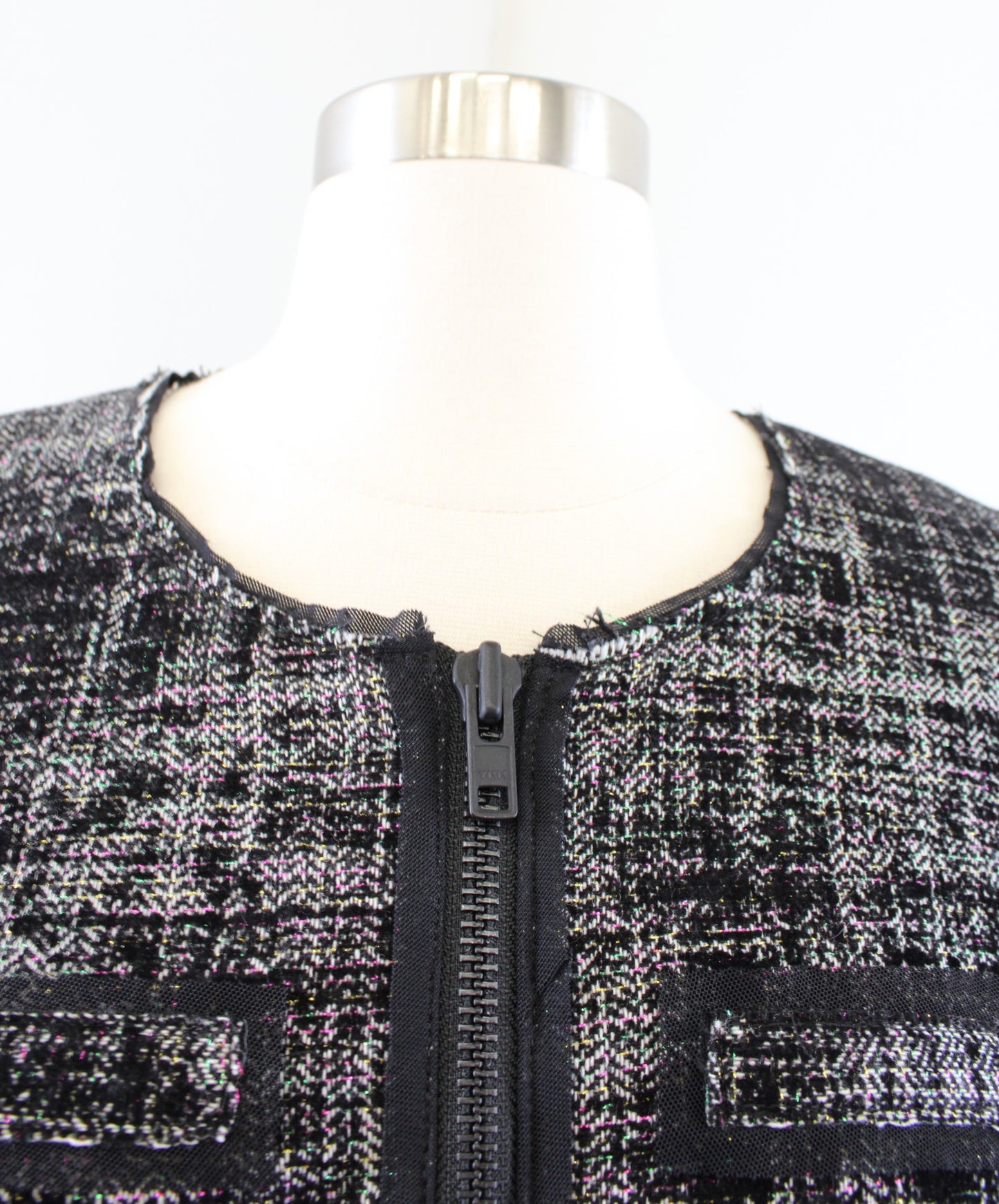 MILLY Black Multi Color Velvet Metallic Tweed Cropped Zip Blazer Jacket Size 8