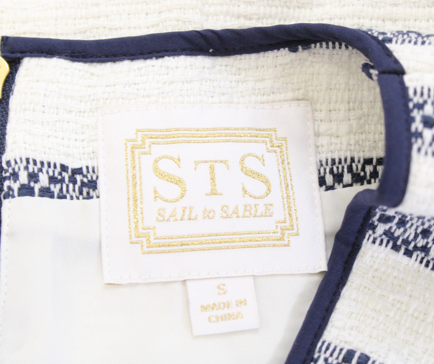 Sail to Sable Navy Blue Ivory Striped Tweed V Neck Shift Dress Size S Sleeveless