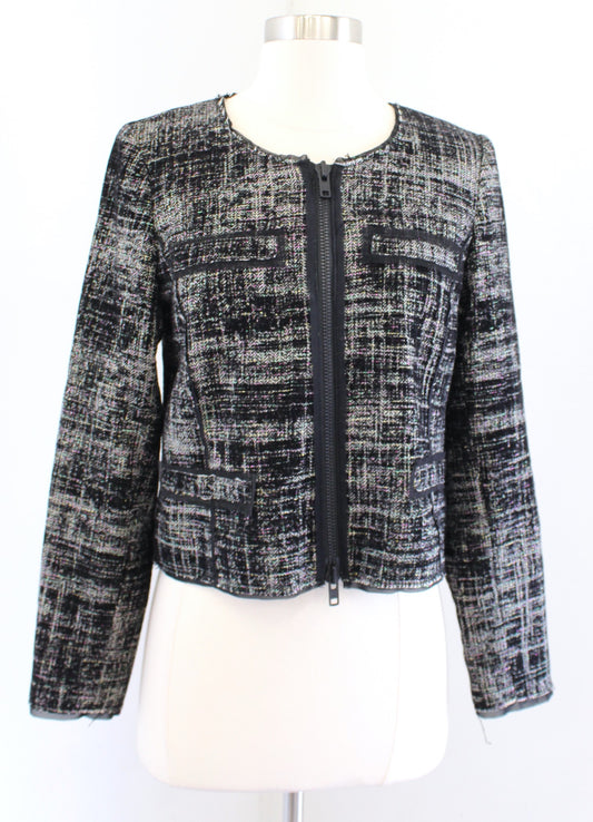 MILLY Black Multi Color Velvet Metallic Tweed Cropped Zip Blazer Jacket Size 8