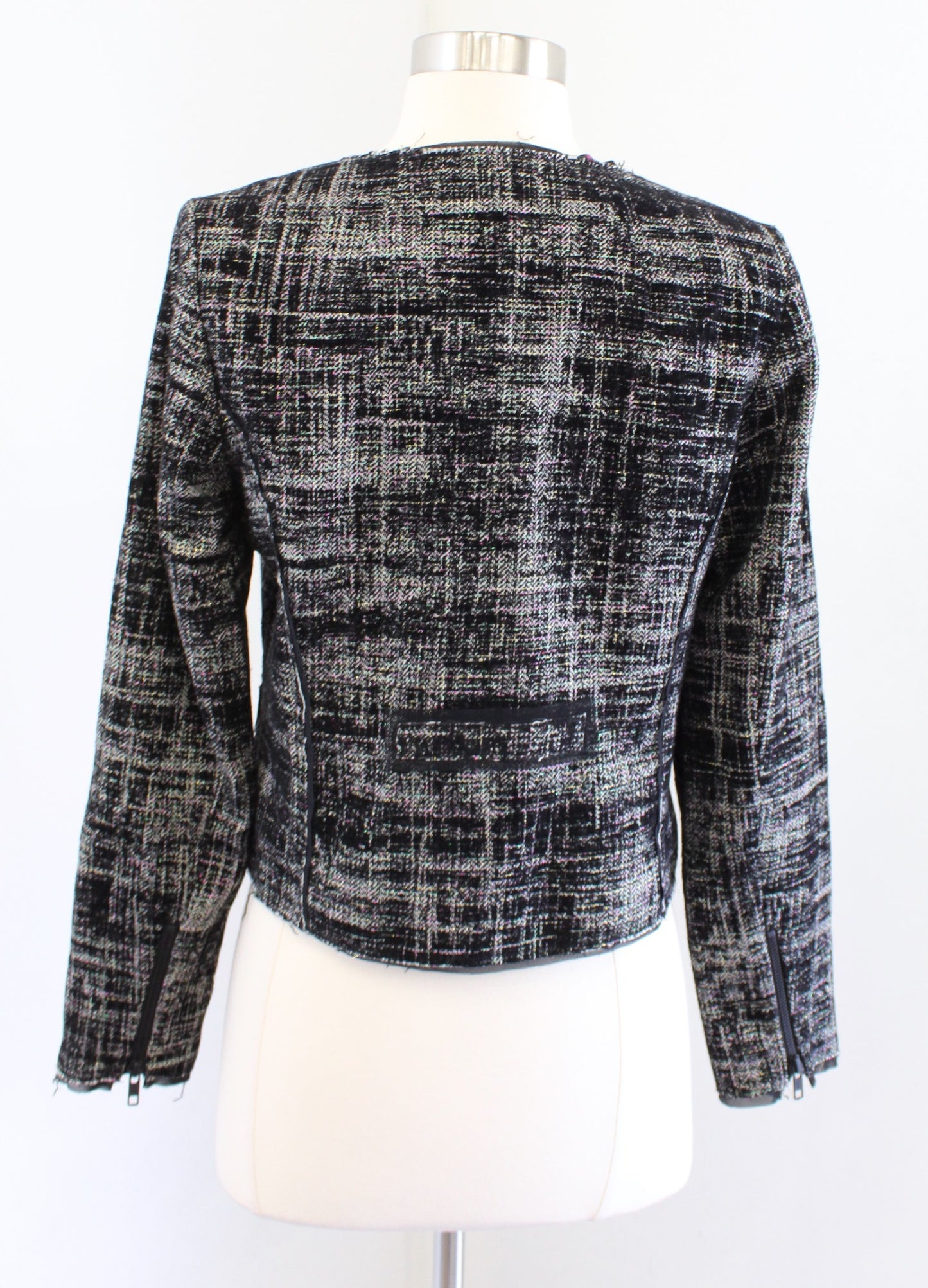 MILLY Black Multi Color Velvet Metallic Tweed Cropped Zip Blazer Jacket Size 8