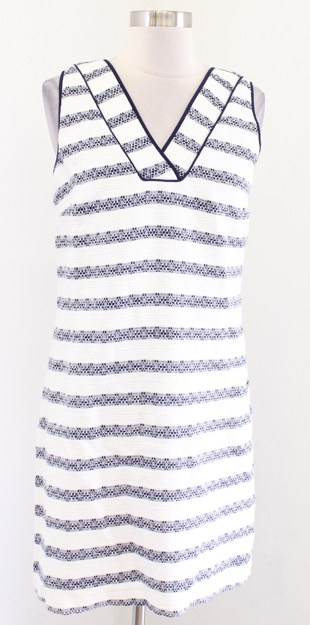 Sail to Sable Navy Blue Ivory Striped Tweed V Neck Shift Dress Size S Sleeveless