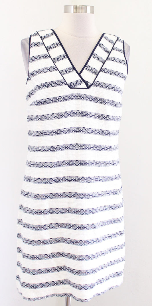 Sail to Sable Navy Blue Ivory Striped Tweed V Neck Shift Dress Size S Sleeveless
